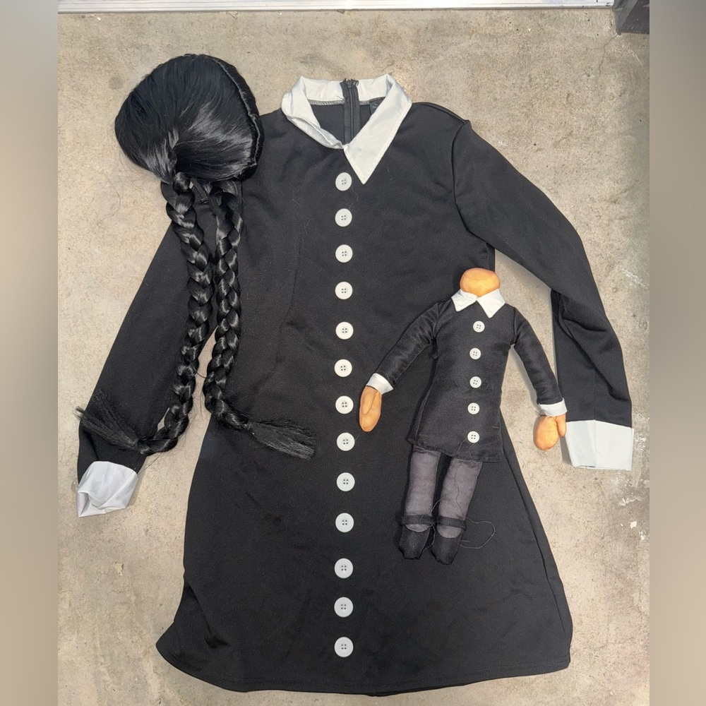 Wednesday Costume with Doll and braided wig